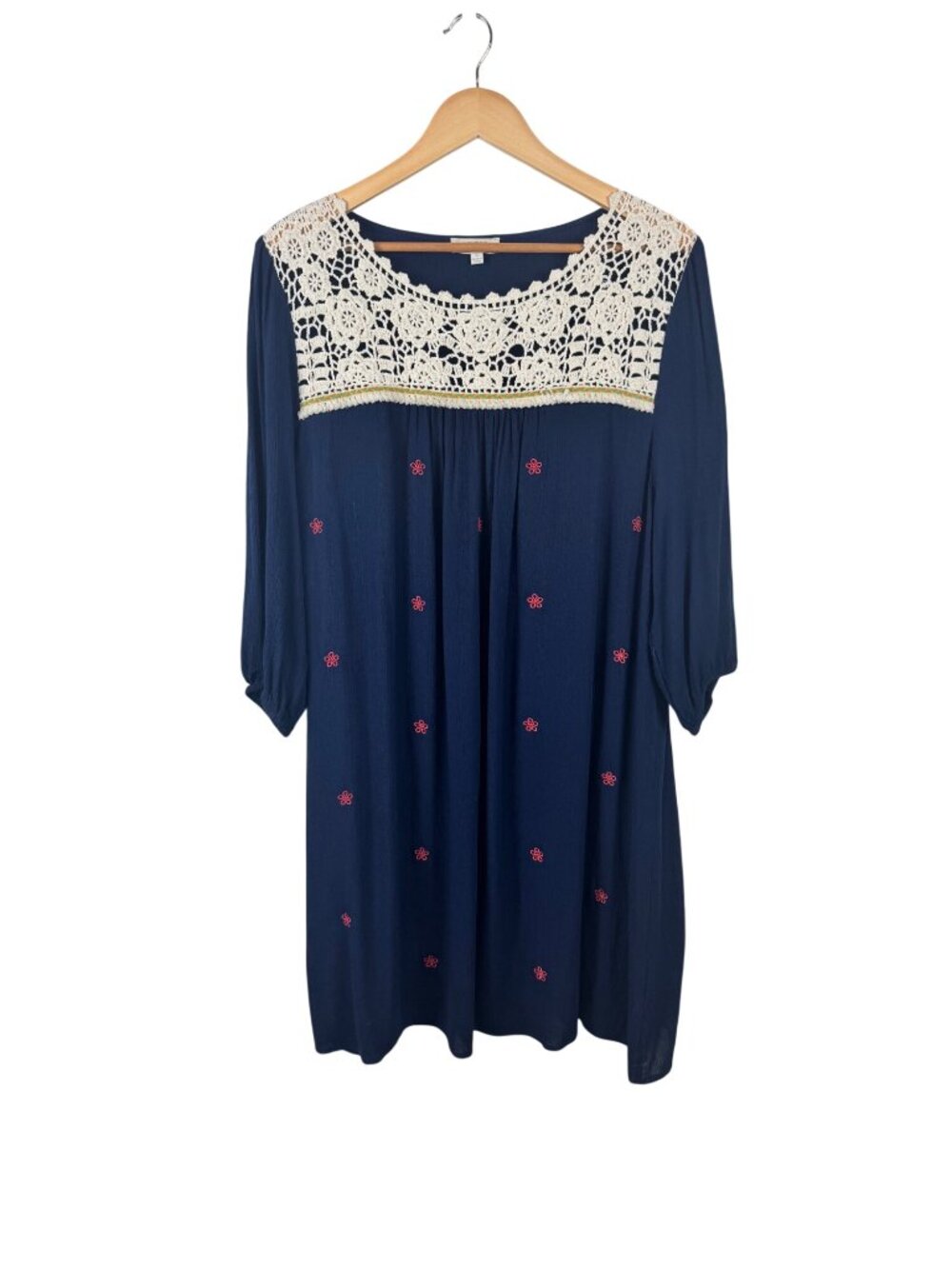Umgee Navy Boho Cottage Dress Crochet Lace Embroidered Floral Details Size Large